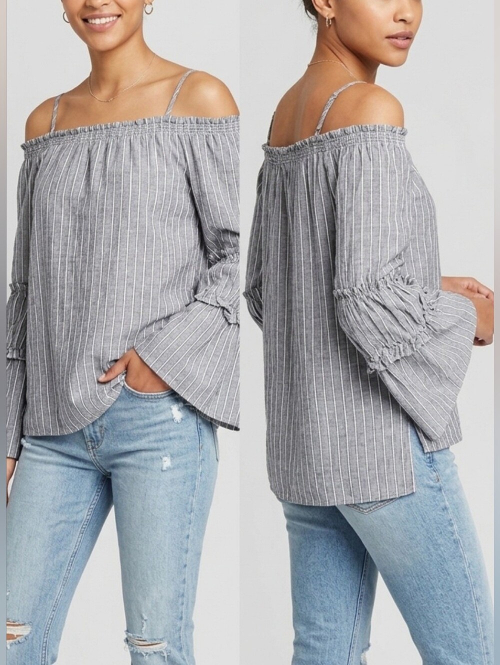 Calvin Klein Women's 100% Viscose Blouse Chambray Striped On/off Shoulder Small